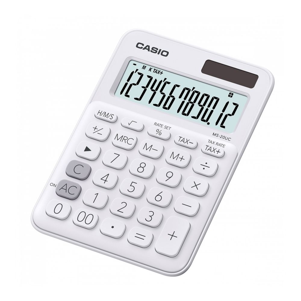Калкулатор CASIO COLORFUL MS-20UC- WE, настолен, 12 dgt, 149.5x105x23 мм, бял
