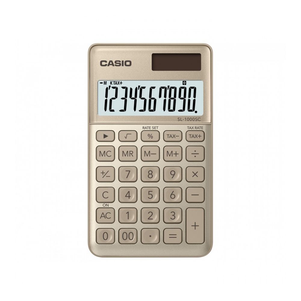 Калкулатор CASIO SL-1000SC-GD, джобен, 10 dgt, метален панел, 120х71х8.7 мм, златист металик
