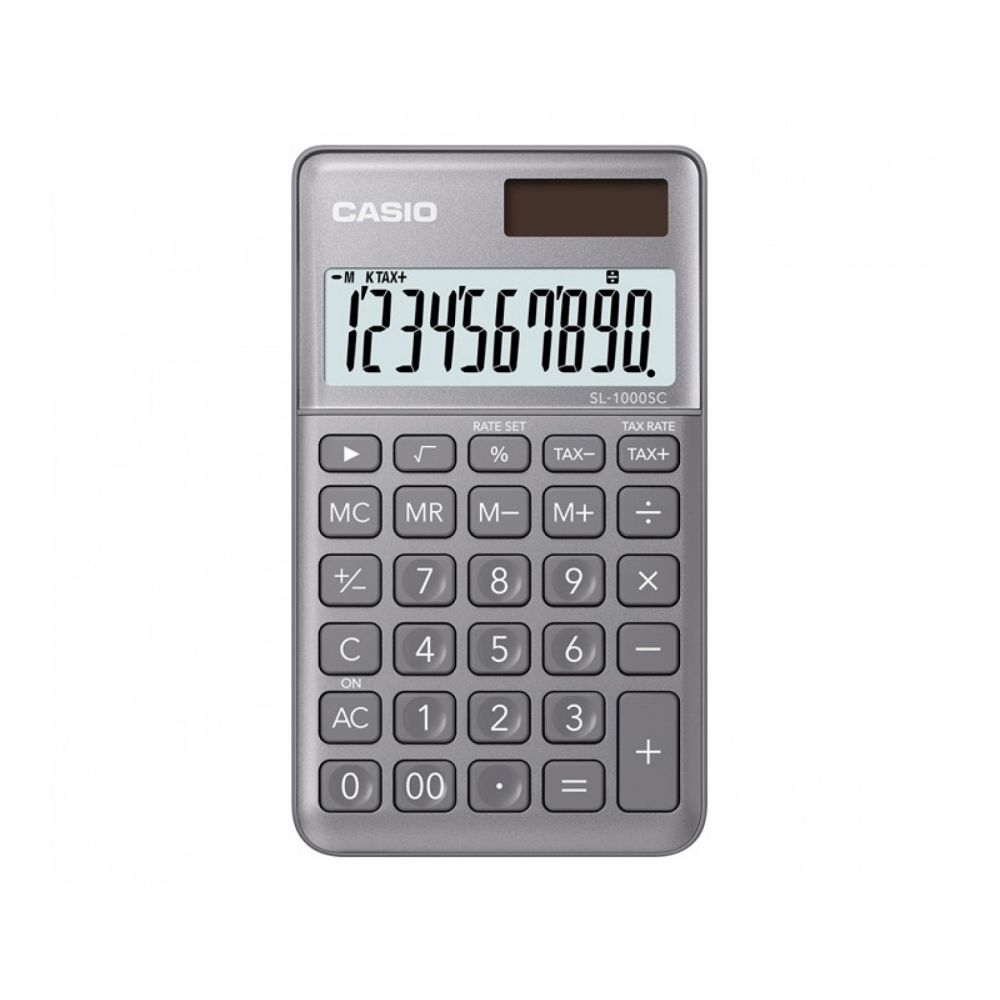 Калкулатор CASIO SL-1000SC-GY, джобен, 10 dgt, метален панел, 120х71х8.7 мм, сив металик