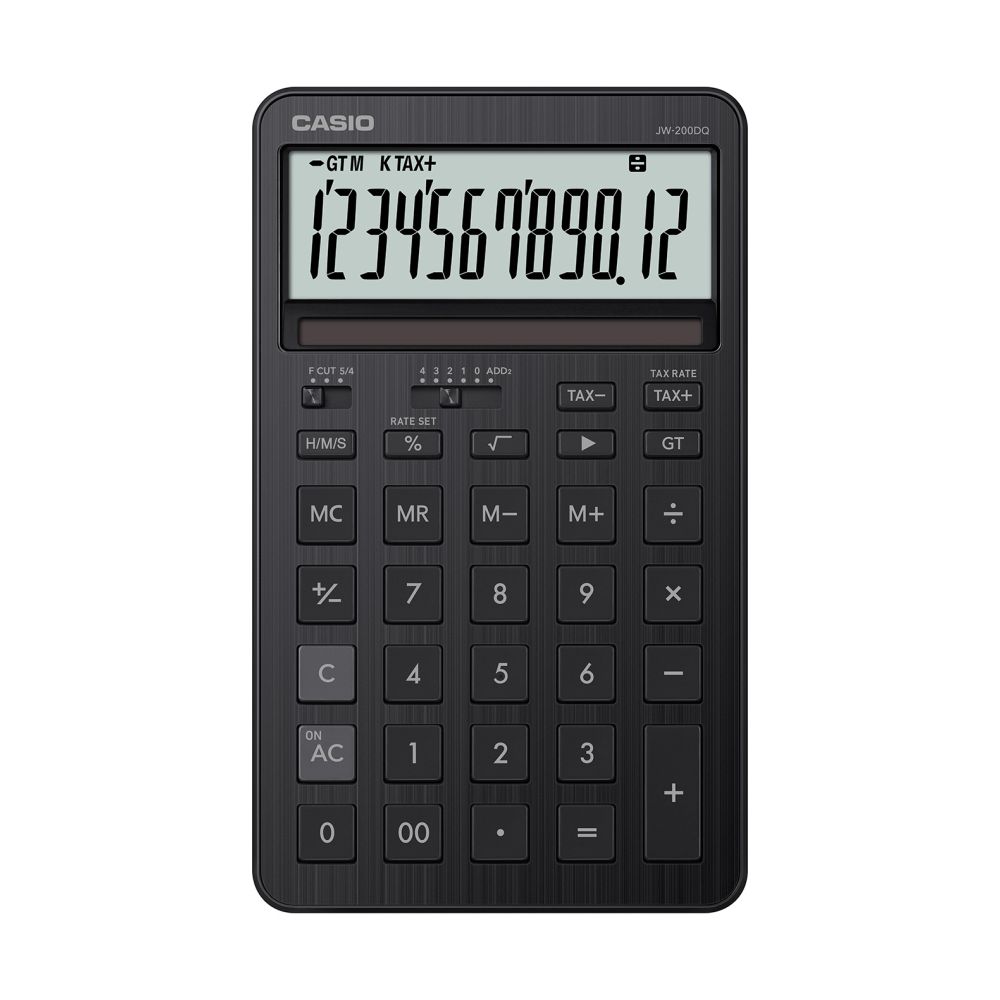 Калкулатор CASIO STYLISH JW-200DQ-BK, настолен, 12 dgt, метален панел, 182х109х20 мм, черен 