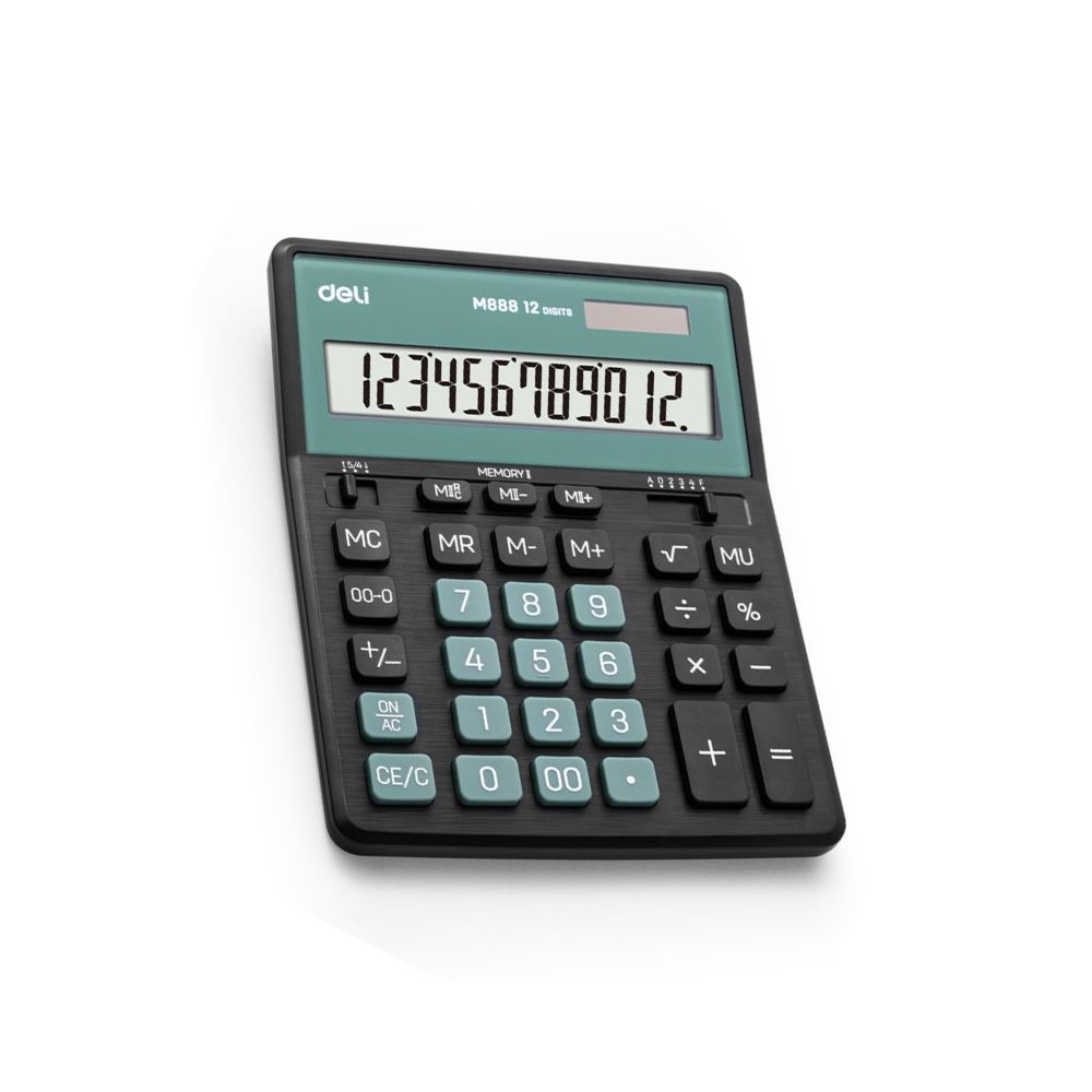 Калкулатор Deli Core EM888A, настолен, 12 dgt, 203х158х31 мм, черно + зелено