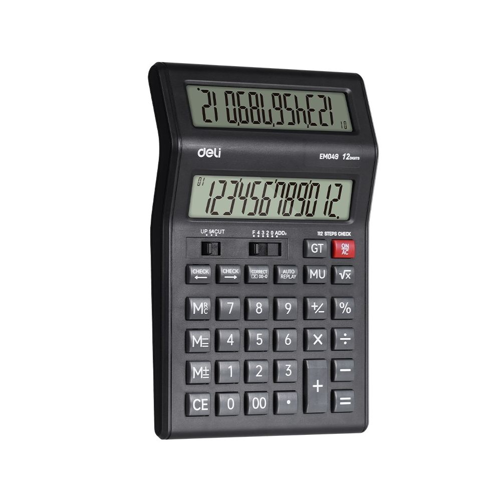 Калкулатор Deli с двоен дисплей EM049, настолен, 12 dgt, 202х135.5х28.5 мм, черен