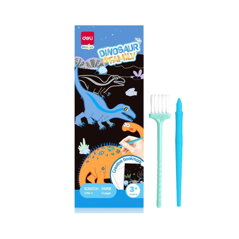 Картини за издраскване Deli Genius EH780-2, Dinosaur Family, 14 стр., + инструмент и четка