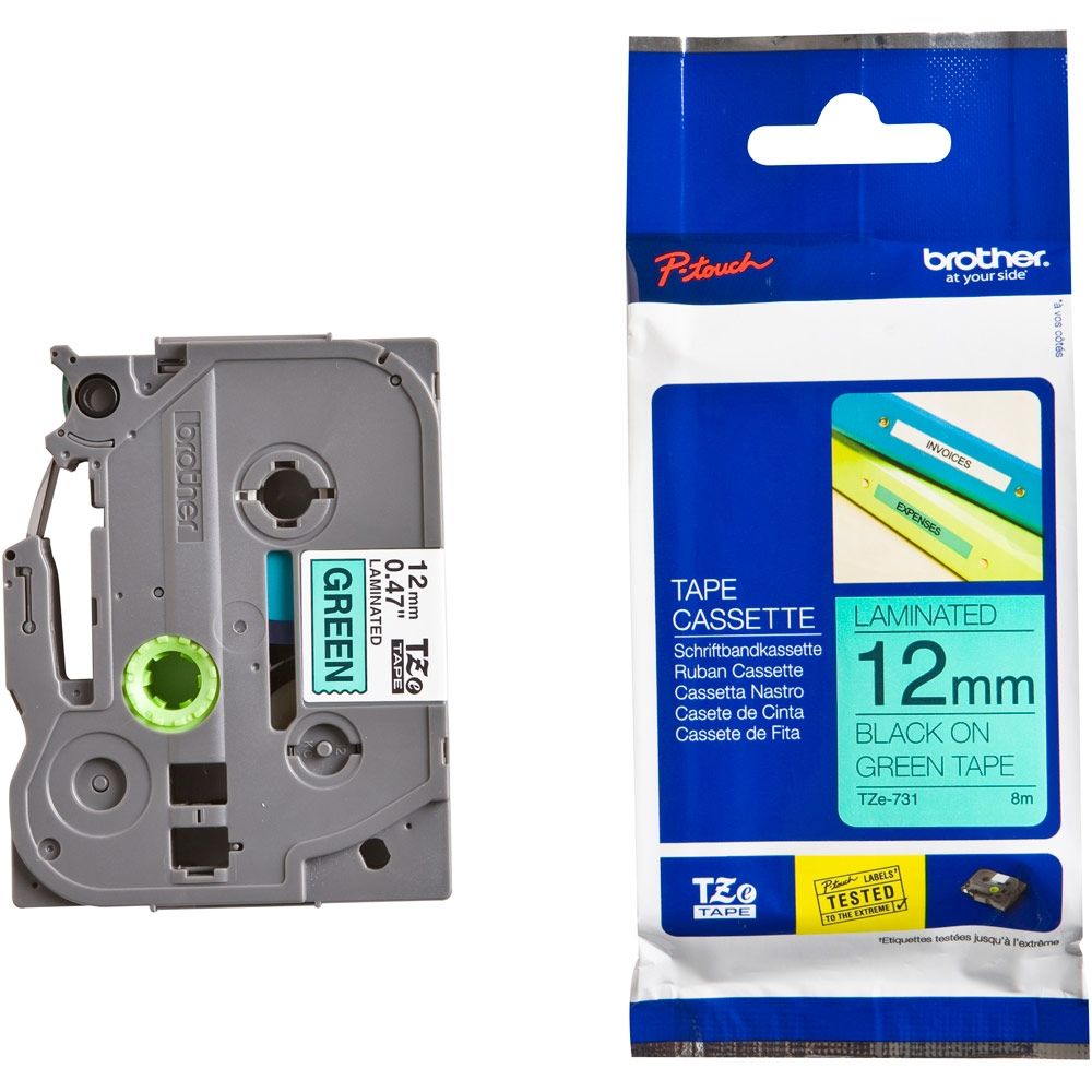 Касета с лента Brother TZe-731, 12 мм, черен печат на зелен фон