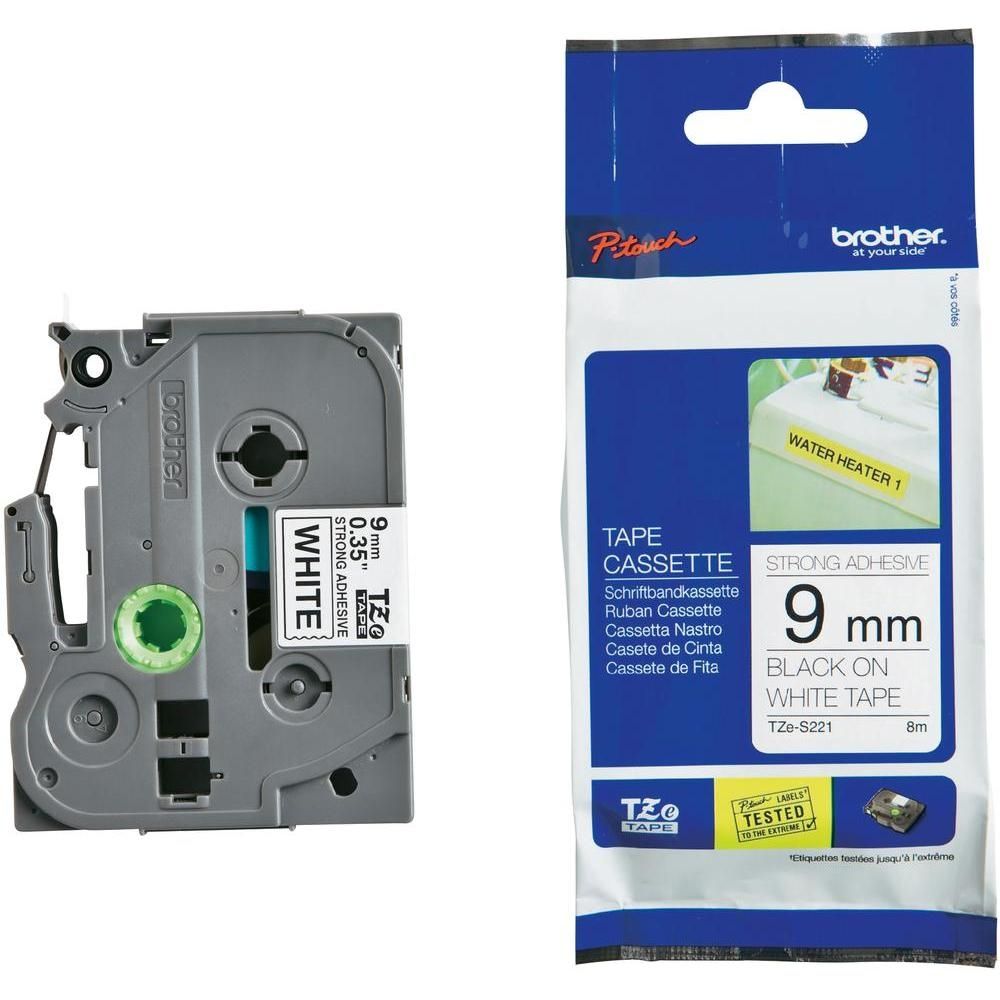 Касета с лента Brother TZe-S221 Strong Adhesive, 9 мм, черен печат на бял фон