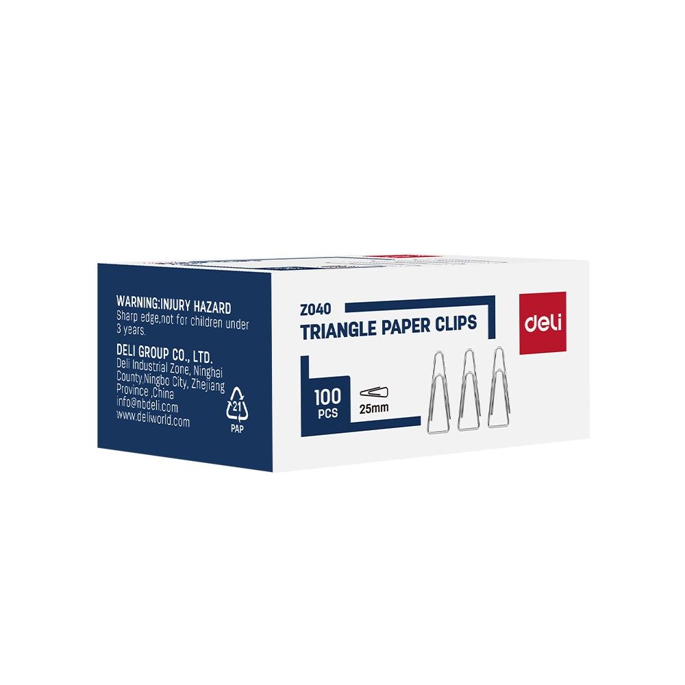 Кламери Deli 25 мм, EZ040, никелирани, триъгълни, с извит дизайн, кутия 100 бр.