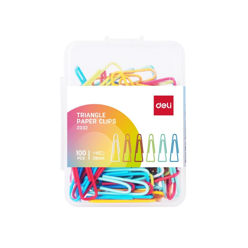 Кламери Deli 28 мм, EZ032, цветни, триъгълни, метал+PVC, кутия 100 бр.
