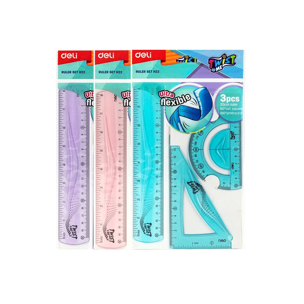 Комплект Deli Twist Me EH22, огъваща се линия 20 см, триъгълник и транспортир, цветни