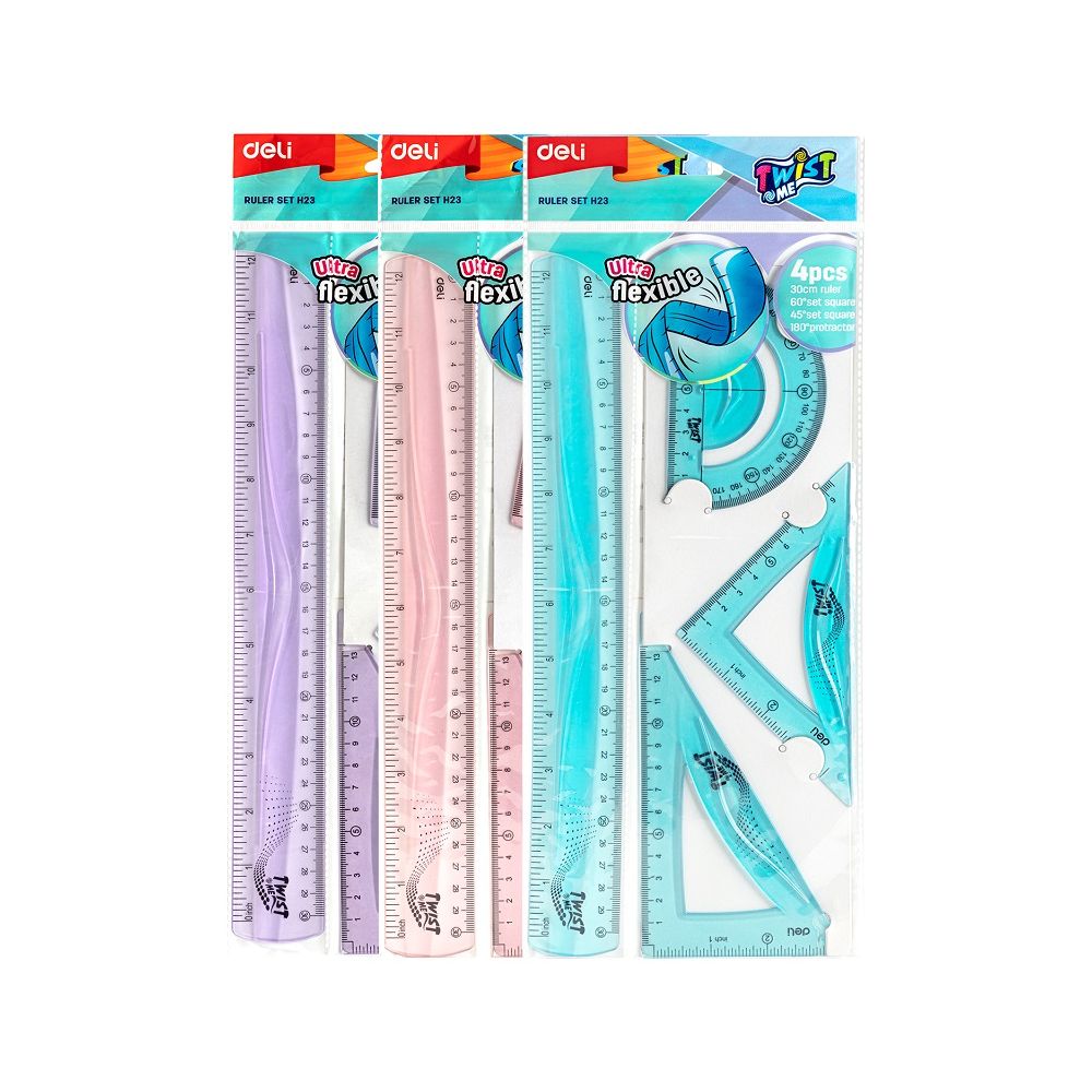 Комплект Deli Twist Me EH23, огъваща се линия 30 см, 2 триъгълника и транспортир, цветни