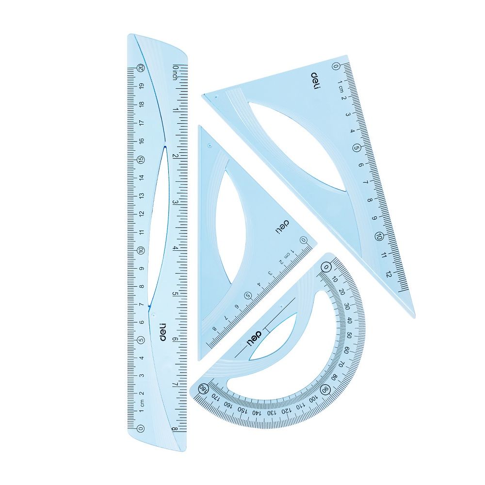 Комплект Deli Woove EH12, линия 20 см, 2 триъгълника и транспортир, сини