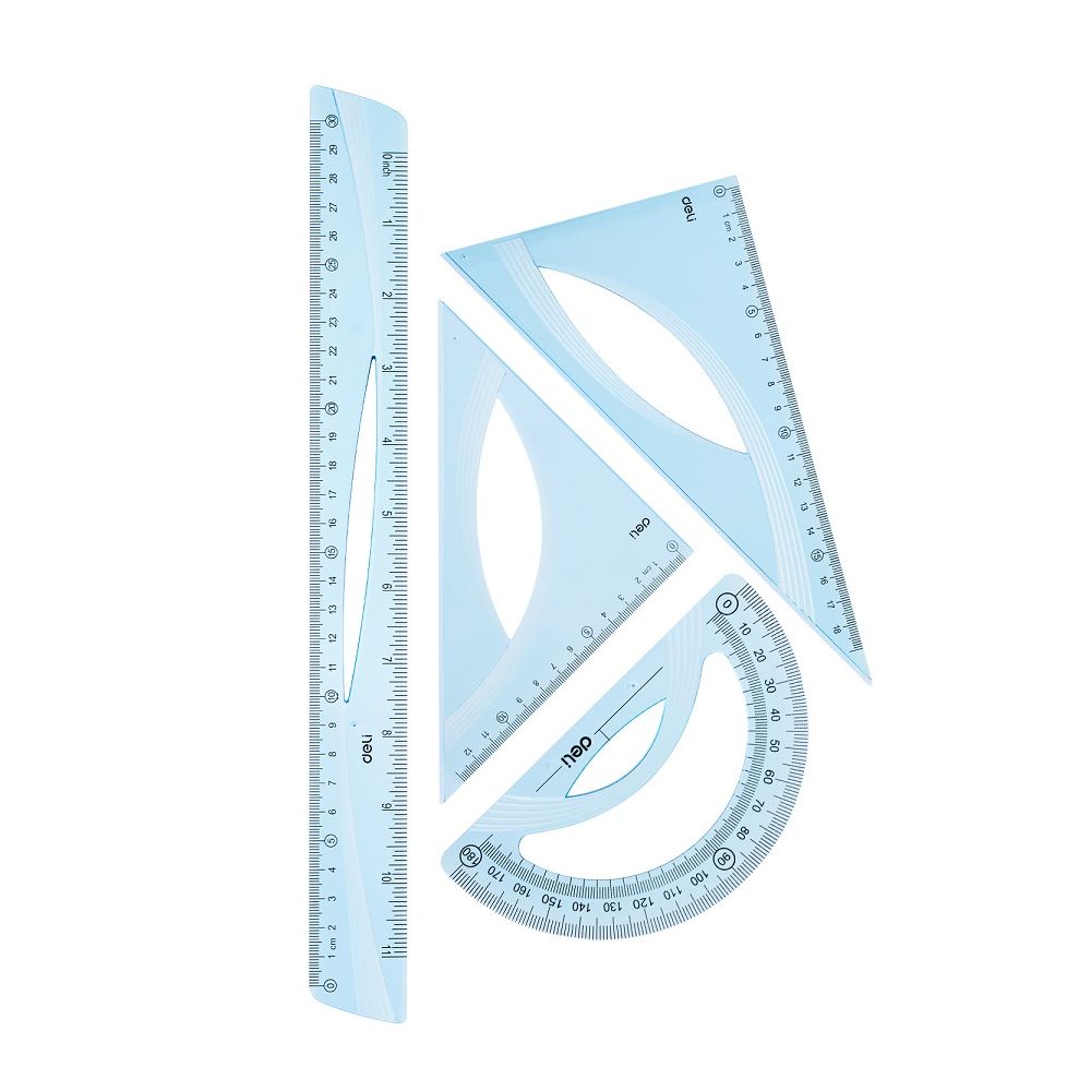 Комплект Deli Woove EH13, линия 30 см, 2 триъгълника и транспортир, сини