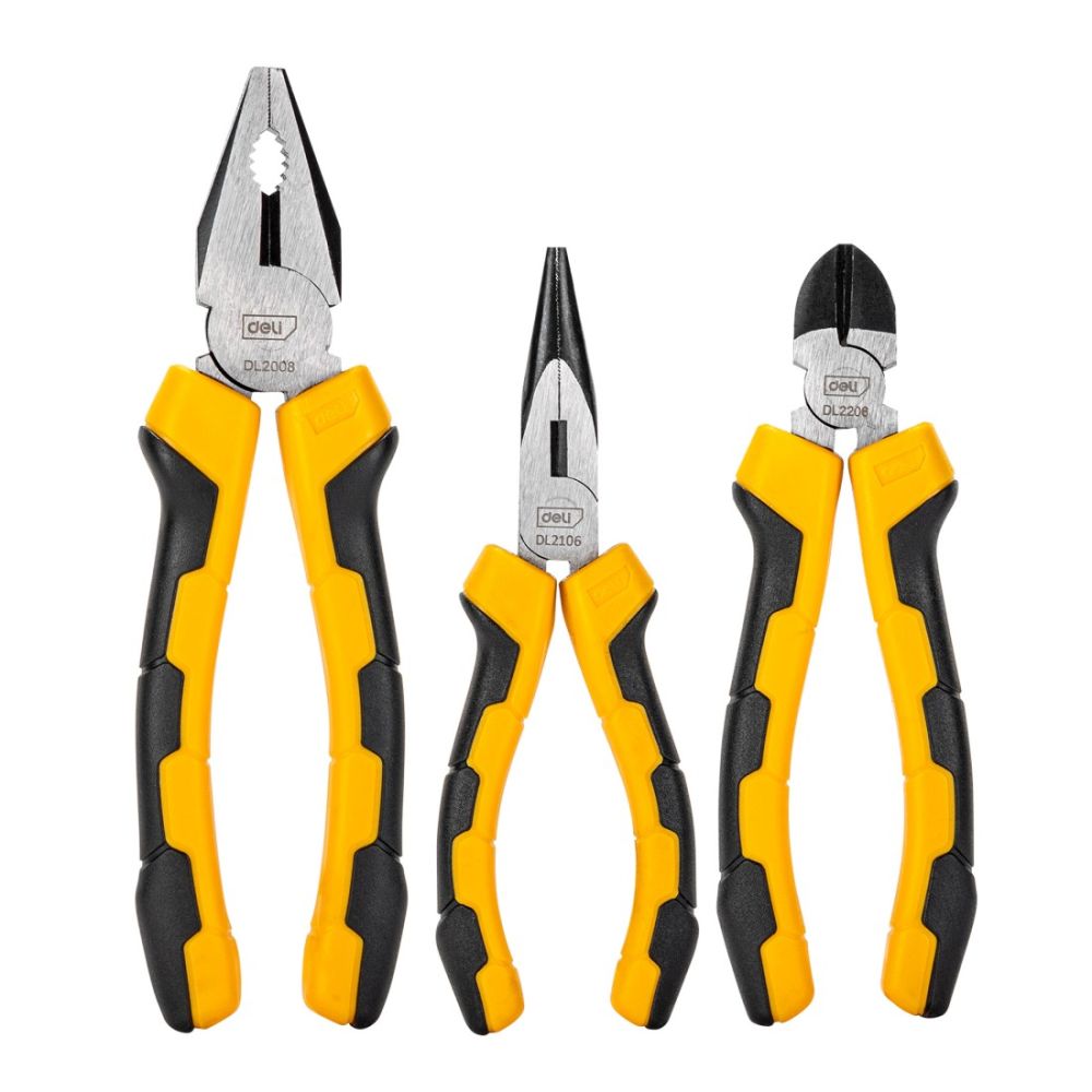 Комплект клещи Deli TOOLS EDL2008-3, комбинирани 8", дългоусти 6", клещи резачки 6", жълточерни