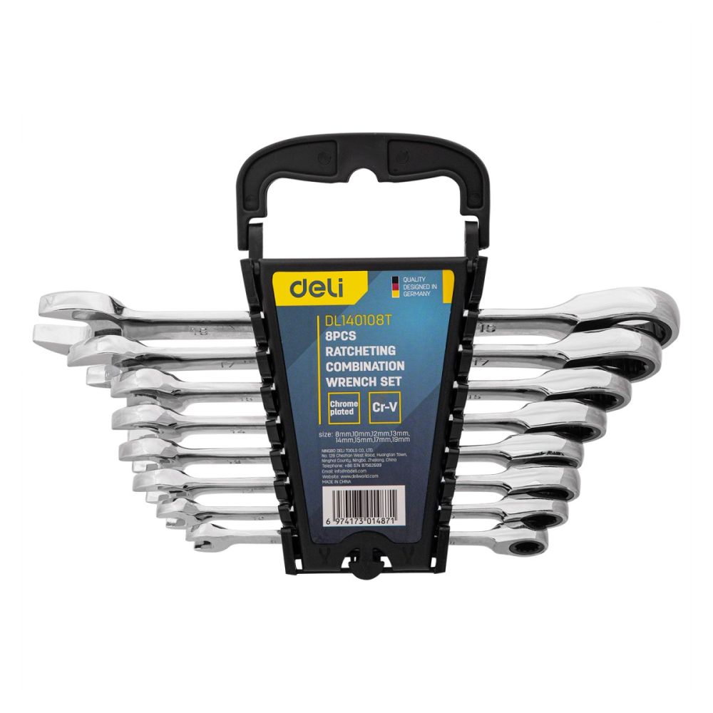 Комплект комбинирани гаечни ключове Deli TOOLS EDL140108T, 8 броя, 8-19 мм, C-RV, сребро