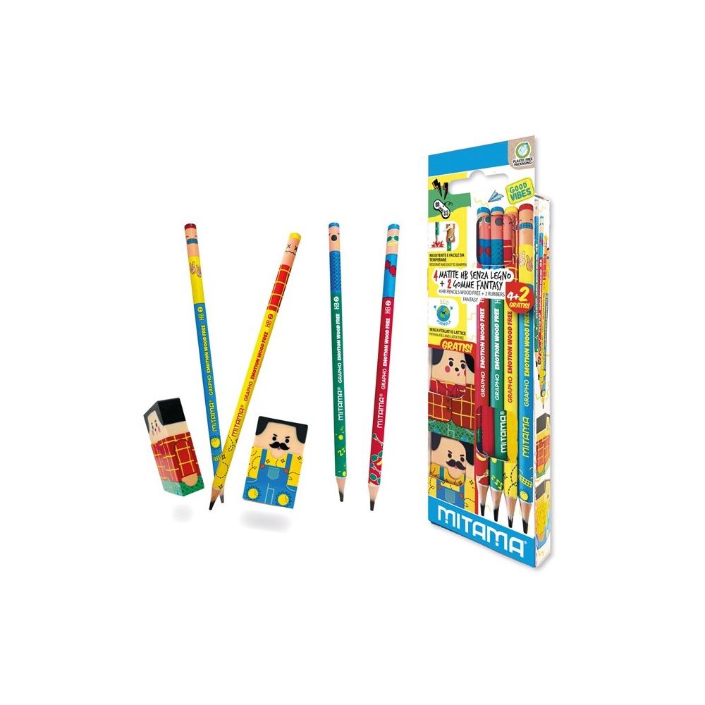 Комплект моливи без гума MITAMA GraphoEmotion, 4 бр. HB, 2 бр. гуми 3х5 см