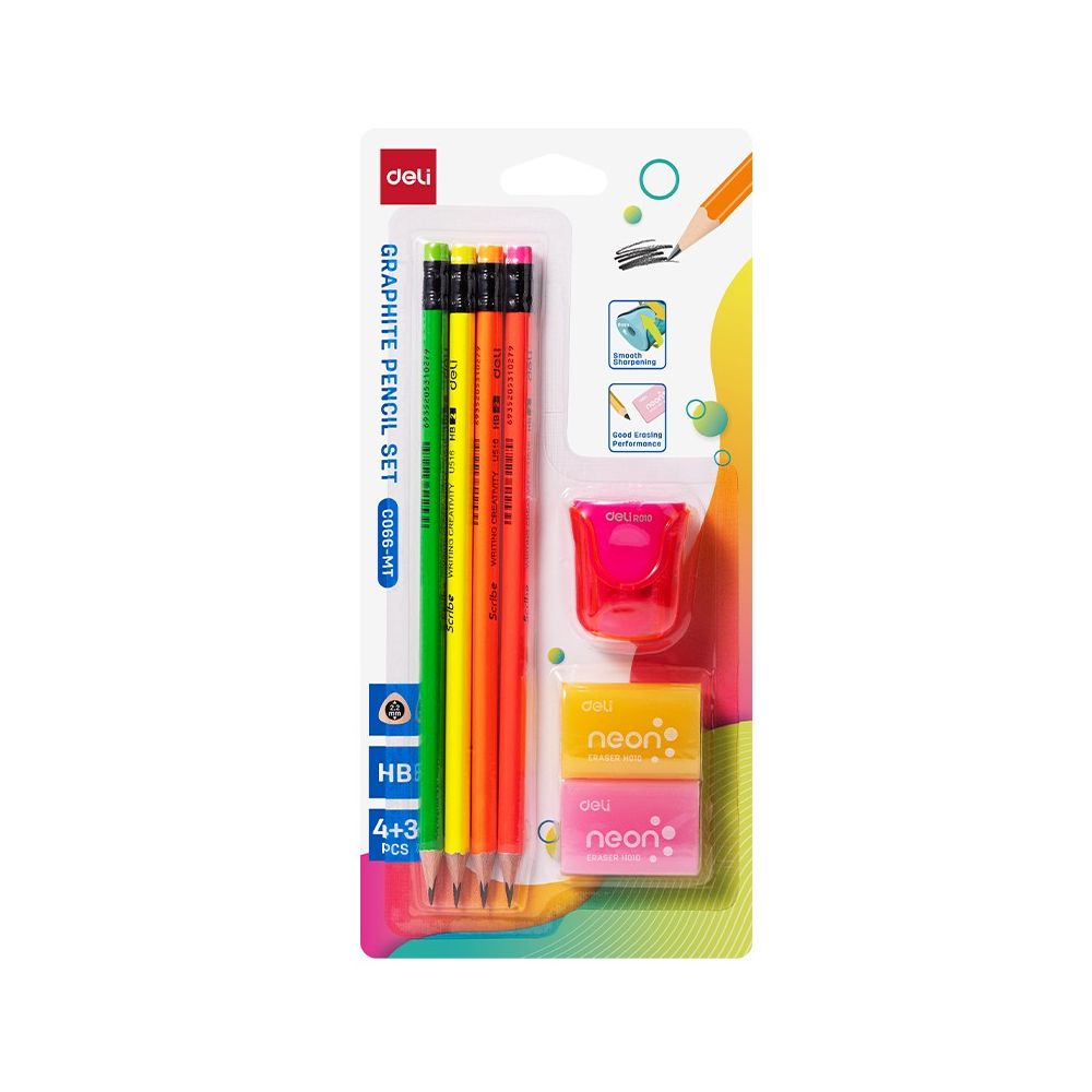 Комплект моливи с гума Deli Neonup EC066-MT, 4 бр.HB, 2 бр. гуми 39x27x12 мм, 1 бр. острилка с конт. Комплект моливи с гума Deli Neonup EC066-MT, 4 бр.HB, 2 бр. гуми 39x27x12 мм, 1 бр. острилка с конт.