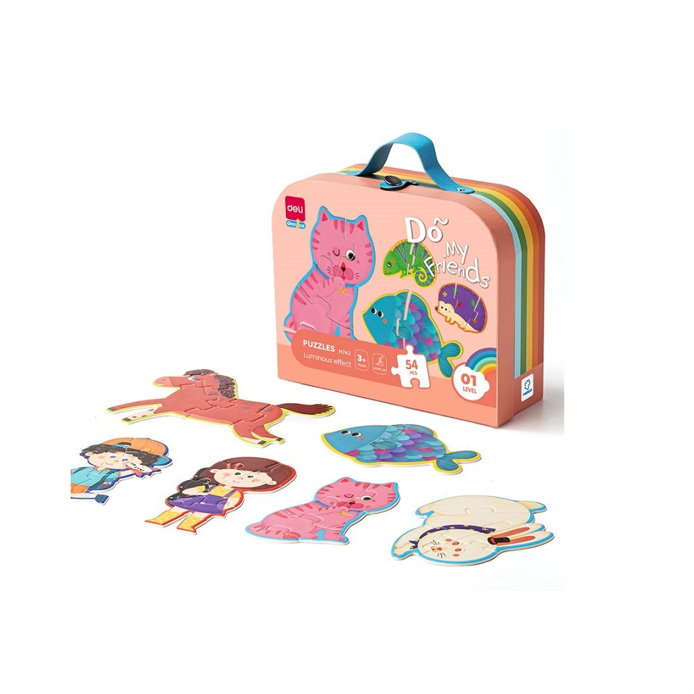 Комплект пъзели Deli Genius EH742, 3+ години, 12 бр, 54 части общо, луминисцентен ефект, в куфар