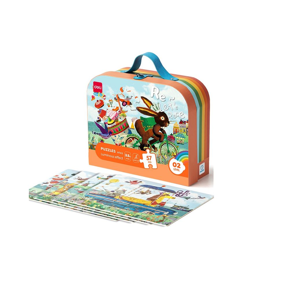 Комплект пъзели Deli Genius EH743, 3.5+ години, 3 бр, 57 части общо, луминисцентен ефект, в куфар 