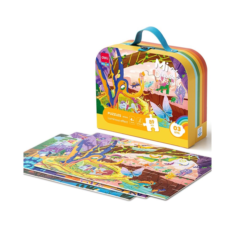 Комплект пъзели Deli Genius EH744, 4+ години, 3 бр, 89 части общо, луминисцентен ефект, в куфар