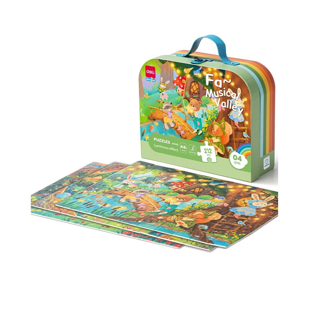 Комплект пъзели Deli Genius EH745, 4.5+ години, 3 бр, 212 части общо, луминисцентен ефект, в куфар