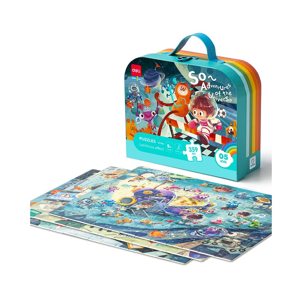Комплект пъзели Deli Genius EH746, 5+ години, 3 бр, 359 части общо, луминисцентен ефект, в куфар