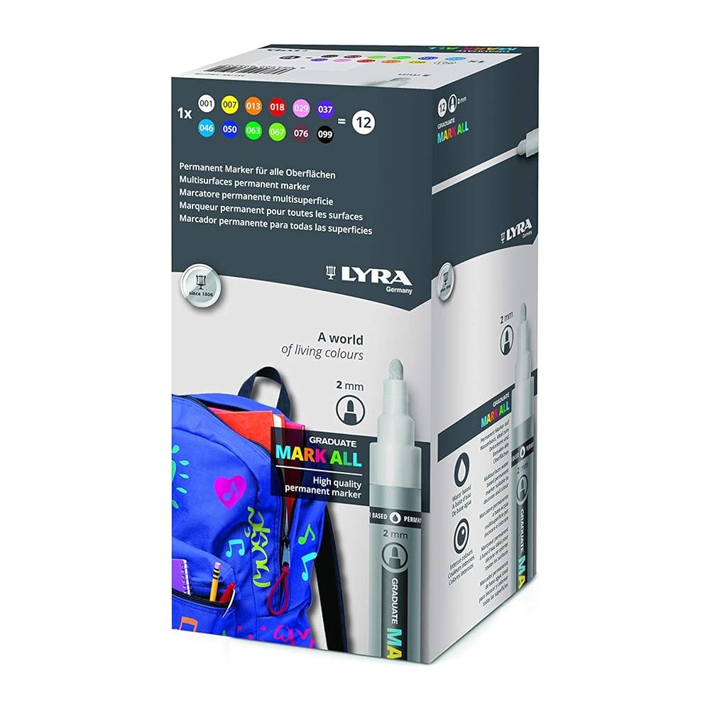 Комплект перманентни маркери LYRA GRADUATE MARK ALL, объл връх 2 мм, 12 цвята
