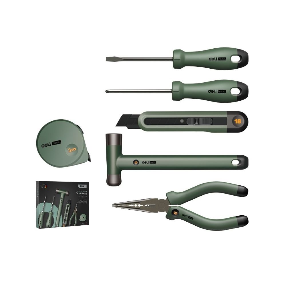 Комплект с инструменти Deli homeSeries EHT0006L, клещи, чук, мак. нож, ролетка, 2 отвертки, зелени