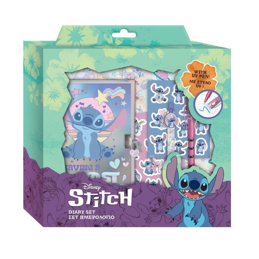 Комплект таен дневник с катинар Diakakis STITCH със стикери, две магически химикалки