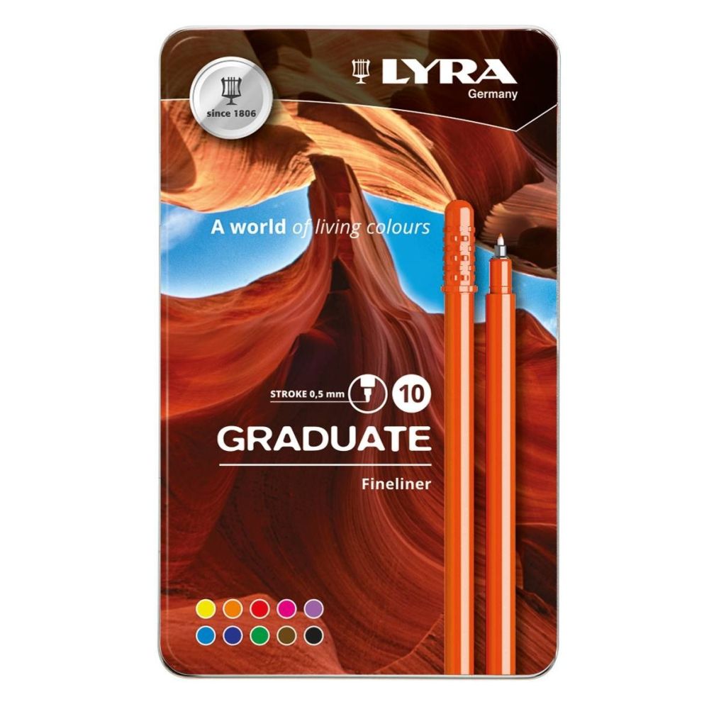 Комплект тънкописци LYRA Graduate, филцов връх 0.5 мм, 10 цвята, метална кутия