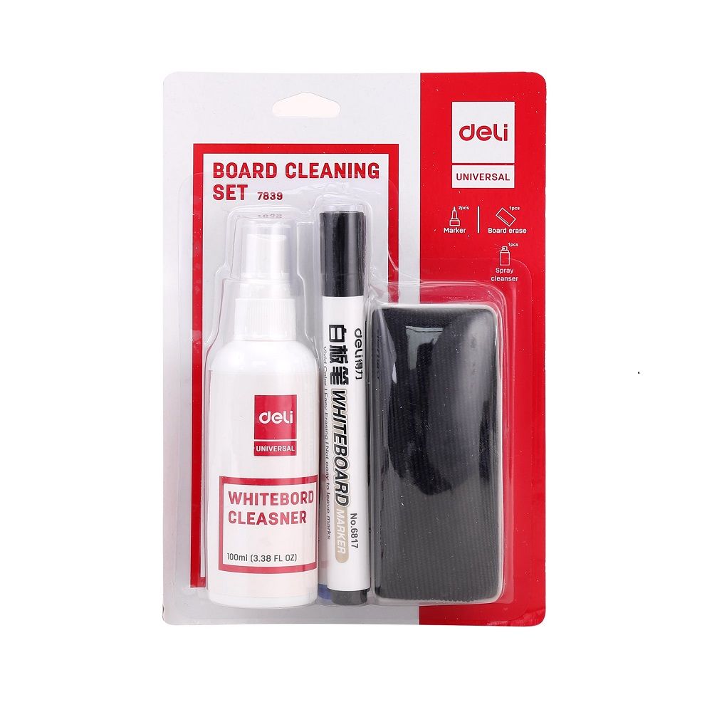 Комплект за бяла дъска Deli Universal E7839, 2 маркера, магнитна гъба, 100 мл спрей