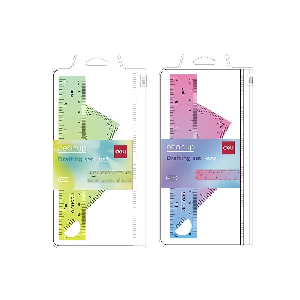 Комплект за чертане Deli Neonup EH652, линия 15 см, 2 триъгълника, транспортир, цветни