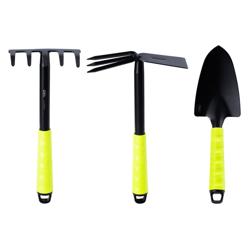 Комплект за градина Deli TOOLS EDL580803, 31 см мотика, гребло и лопатка, PP гумени дръжки, зелени