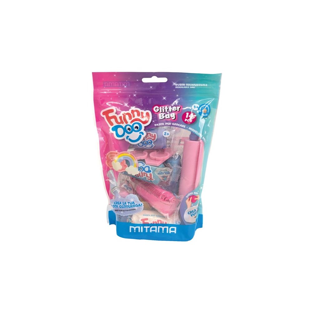 Комплект за моделиране MITAMA Funny Doo GlitterBag, 350 г, 7 цвята моделин, глитерен прах, 14 части
