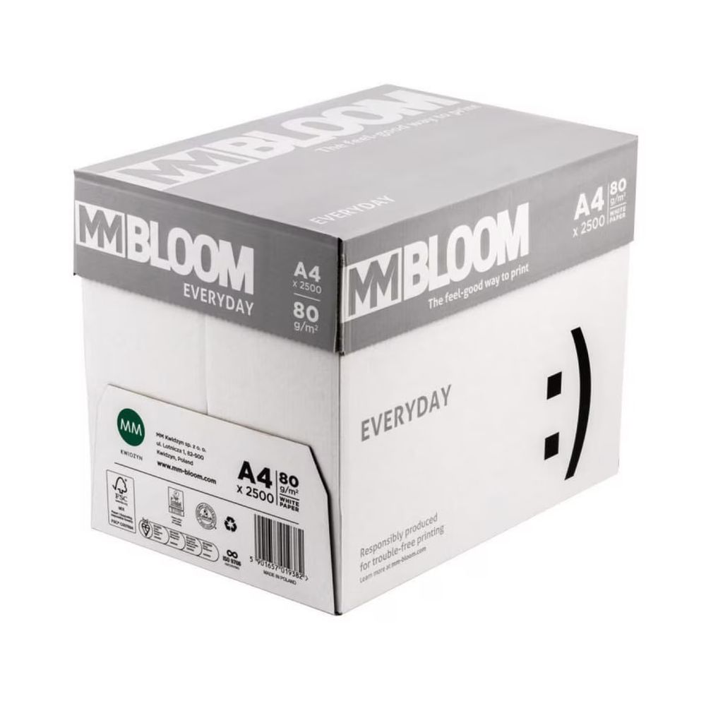 Копирна хартия Bloom Essential, А4, 80 г, бяла, CIE белота 146, PEFC, кашон 5 пакета х 500 л.