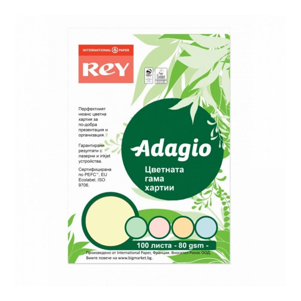 Копирна хартия REY Adagio, A4, 80 г, микс 5 пастелни цвята, пакет 100 л.