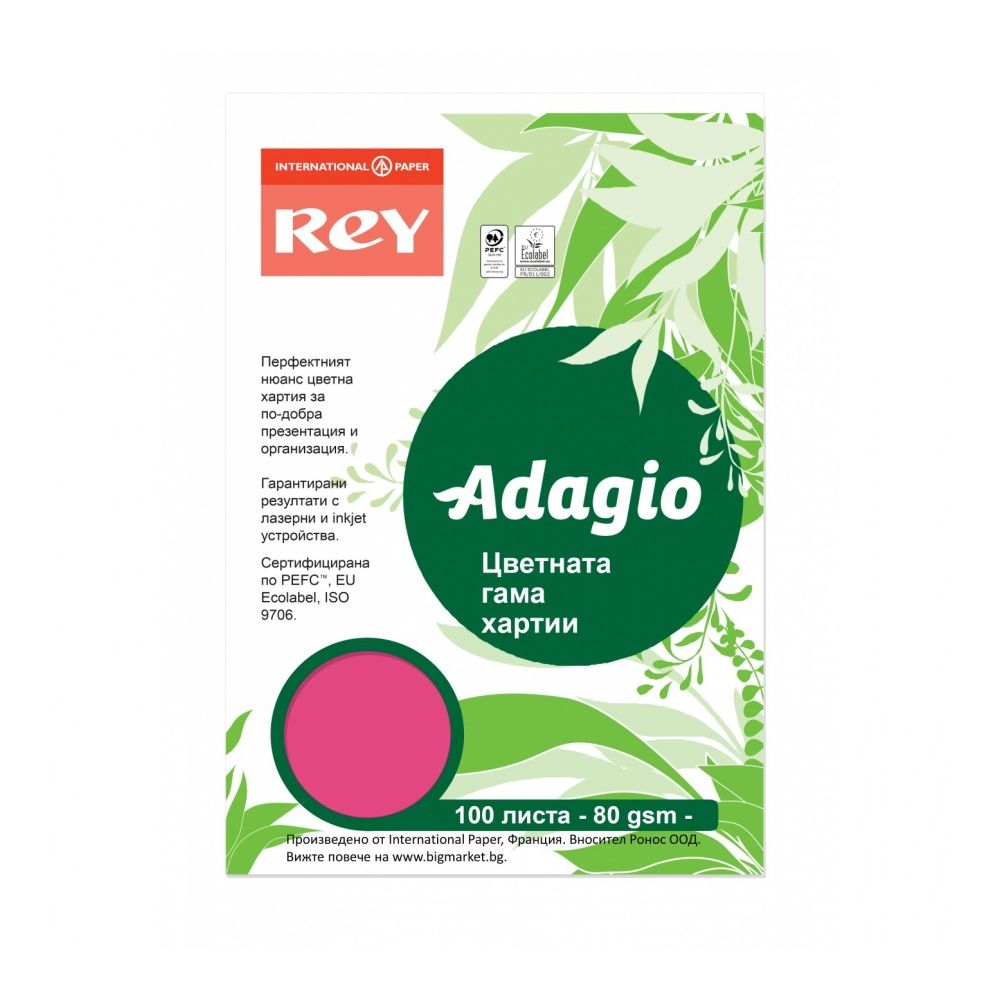 Копирна хартия REY Adagio, A4, 80 г, наситен цвят Fuchsia (23), пакет 100 л.