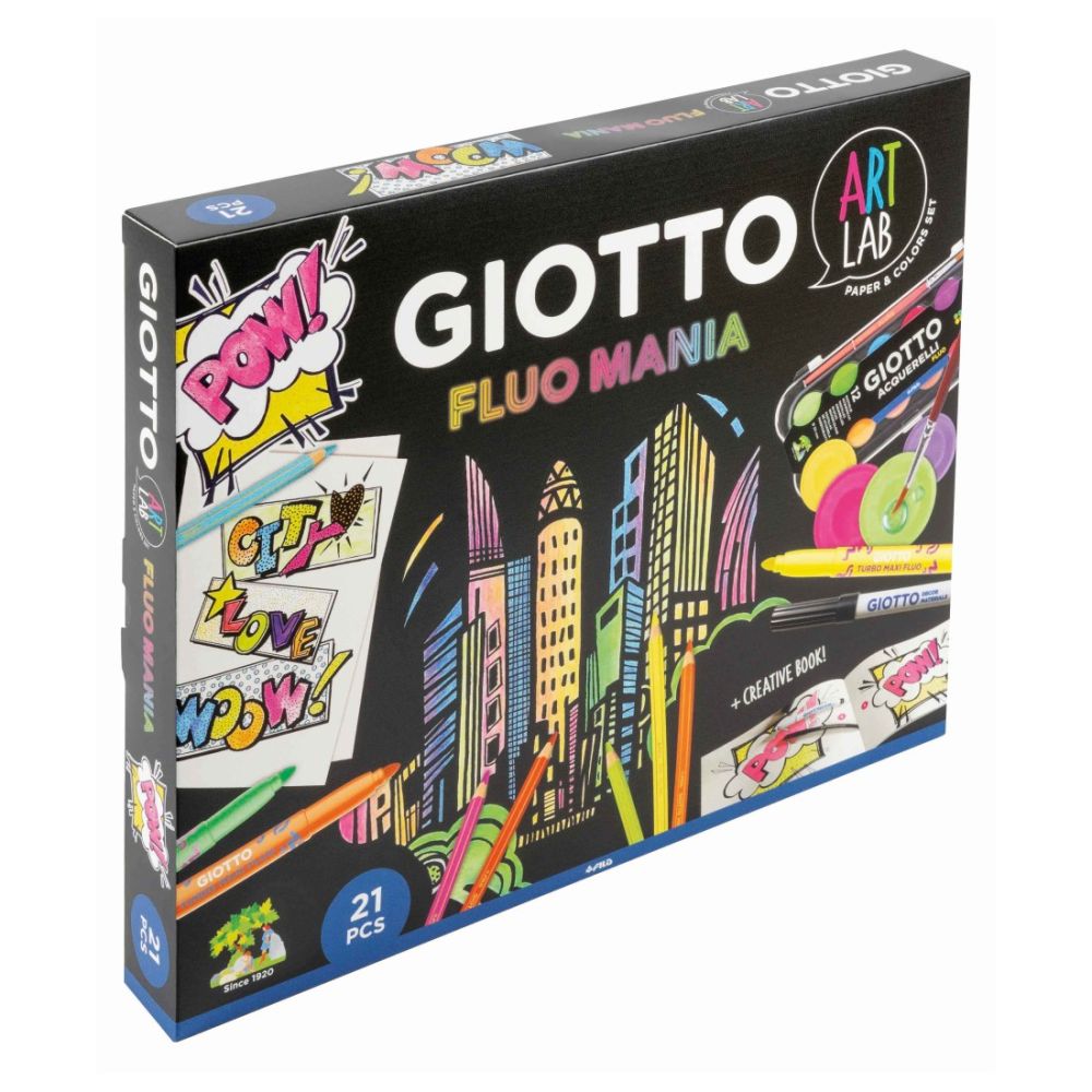Креативен комплект GIOTTO Art Lab Fluo Mania, акварелни бои, флумастери, моливи и маркери