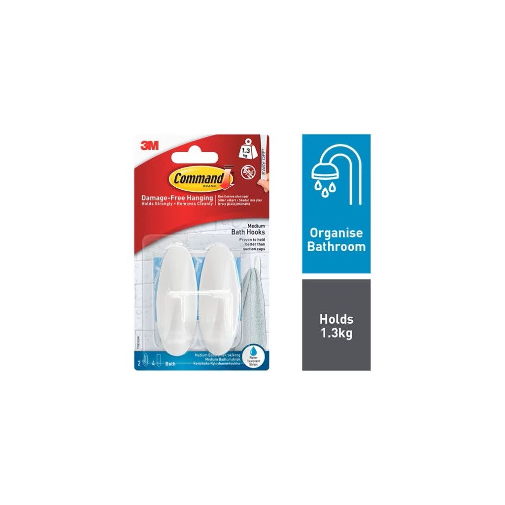 Куки за окачване в баня 3М Command™ 170818-UKN, Medium, 80x29x30 мм, 2 куки, 4 ленти, бели