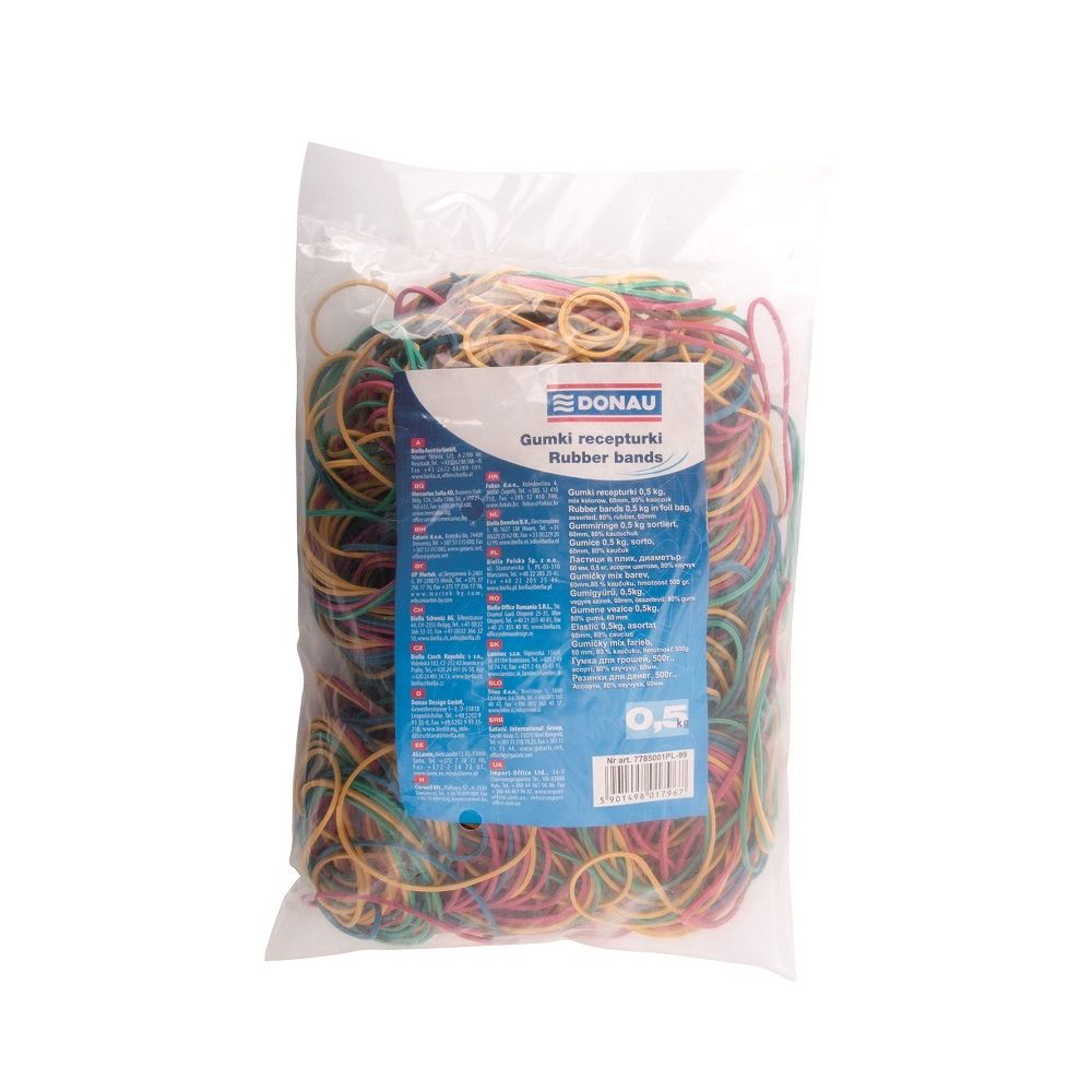 Ластици DONAU, каучукови, ф60 мм, 1.5х1.5 мм, цвят- асорти, опаковка 500 г