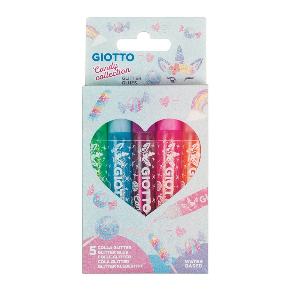 Лепило с брокат GIOTTO Candy Glitter, течно, на водна основа, 5 цвята х 10.5 мл