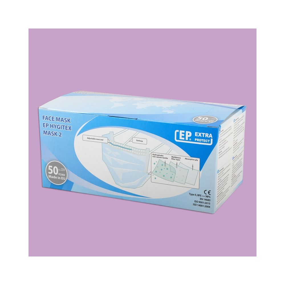 Медицинска маска за лице Extrapack Hygitex Mask 2,трислойна,18х10 см,EN 14683,Type II, 50 бр. в кут.