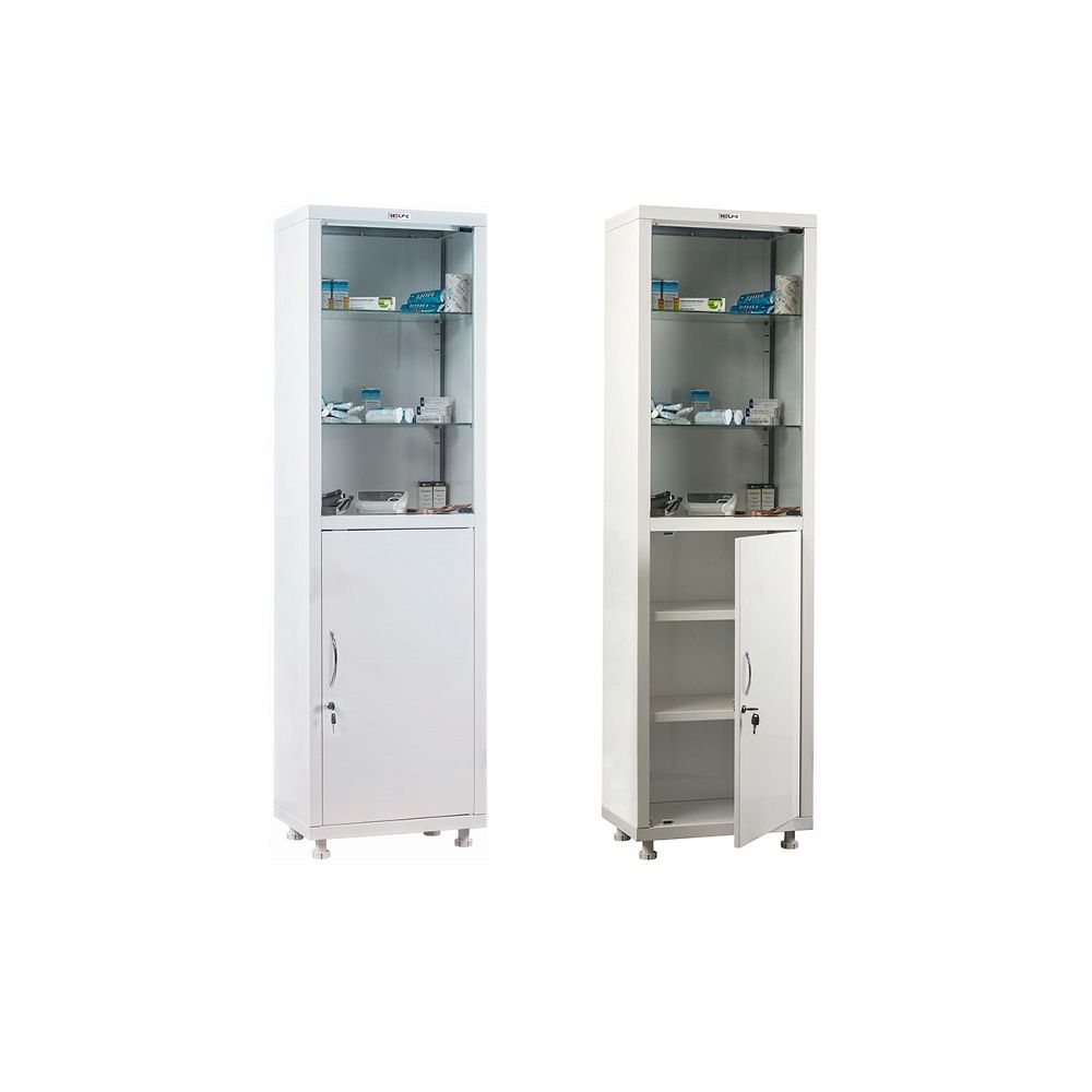 Медицински шкаф Hilfe МД 1 1650 SG, 1655/1755x500x320 мм, 4 рафтa, 2 врати метал и стъкло, бял