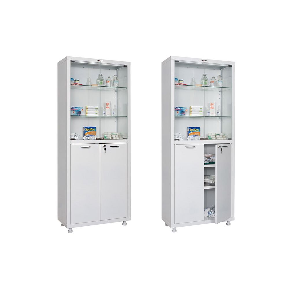Медицински шкаф Hilfe МД 2 1670 SG, 1655/1755x700x320 мм, 4 рафтa, 4 врати -метал и стъкло , бял