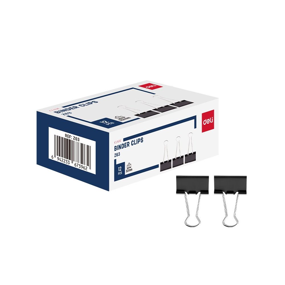 Метални щипки Deli 32 мм, EZ63, черни, кутия 12 бр.