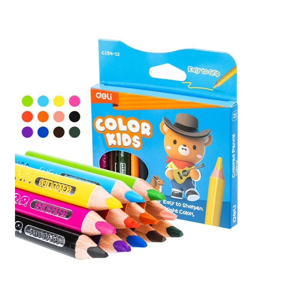 Мини цветни моливи Deli Color Kids EC134-12, джъмбо триъгълно тяло, 12 цвята