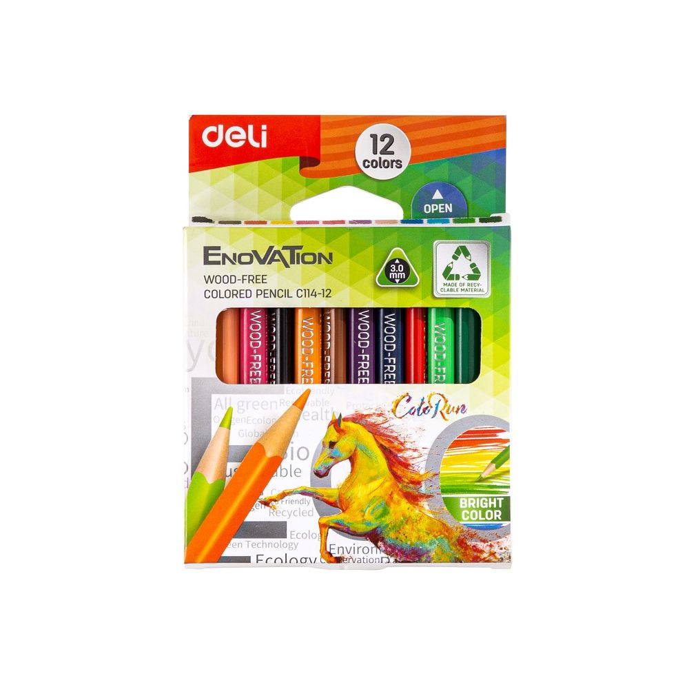 Мини цветни моливи Deli Enovation EC114-12, триъгълно тяло, 12 цвята