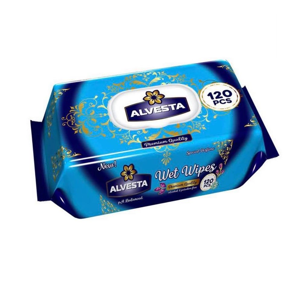 Мокри кърпи Alvesta Jumbo без алкохол, опаковка с капак, 120 бр.