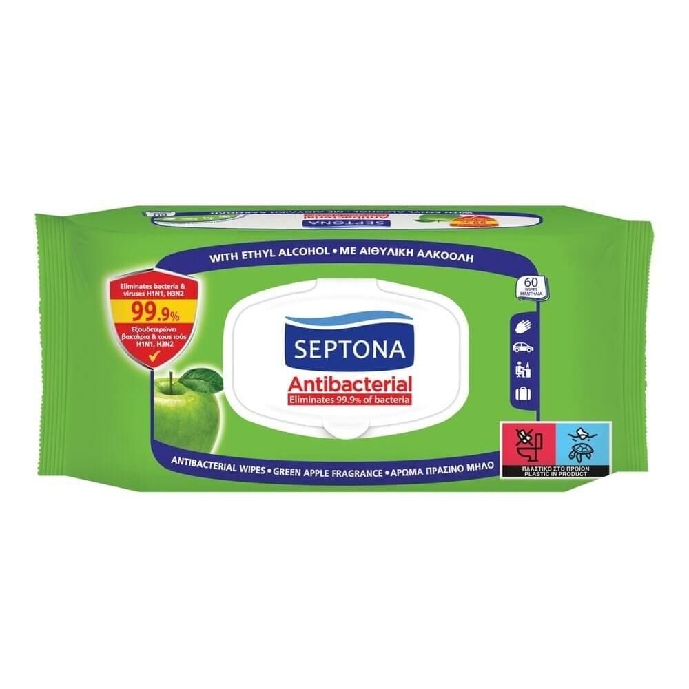Мокри кърпи Septona, антибактериални, аромат на зелена ябълка, с алкохол, 60 бр.