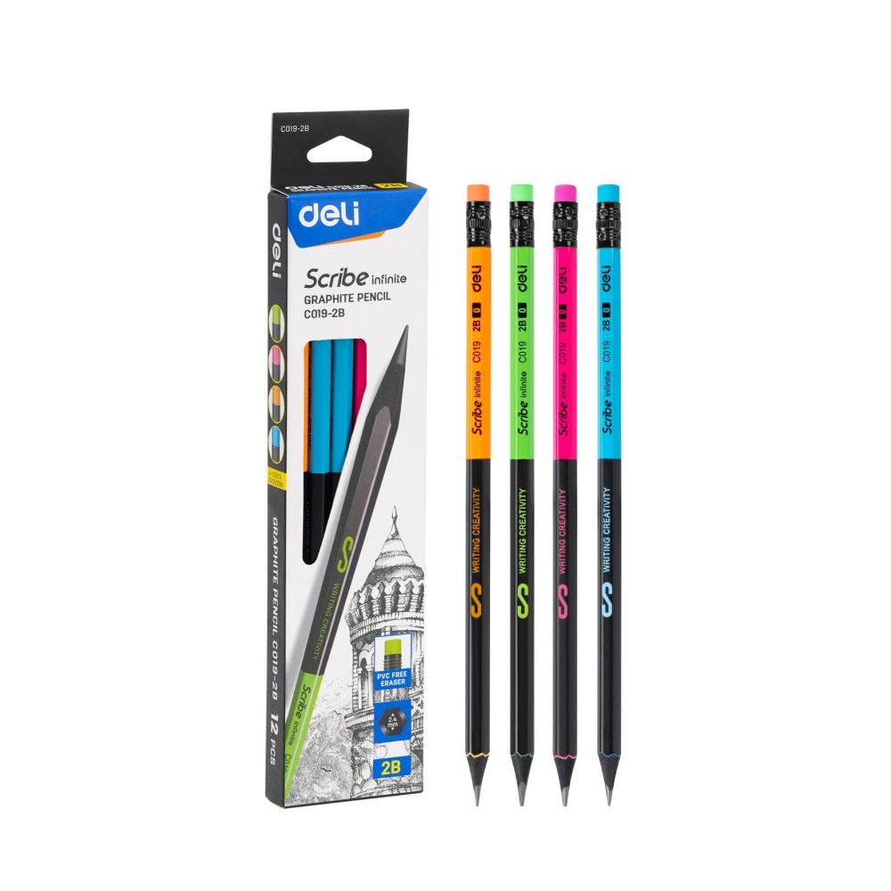 Молив с гума Deli Scribe EC019-2B, шестоъгълно черно тяло, 2B