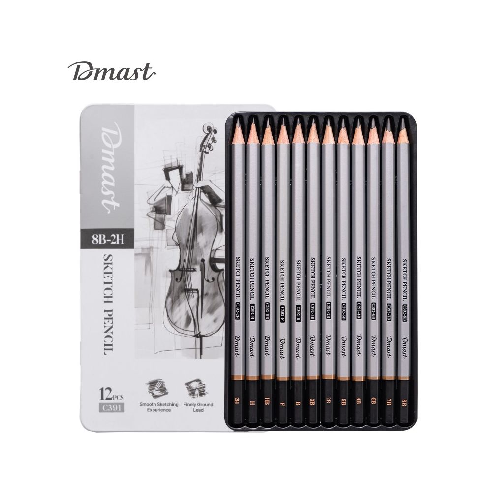 Моливи без гума Deli Dmast EC391, шестоъгълно тяло, 2H-8B, 12 бр. в метална кутия