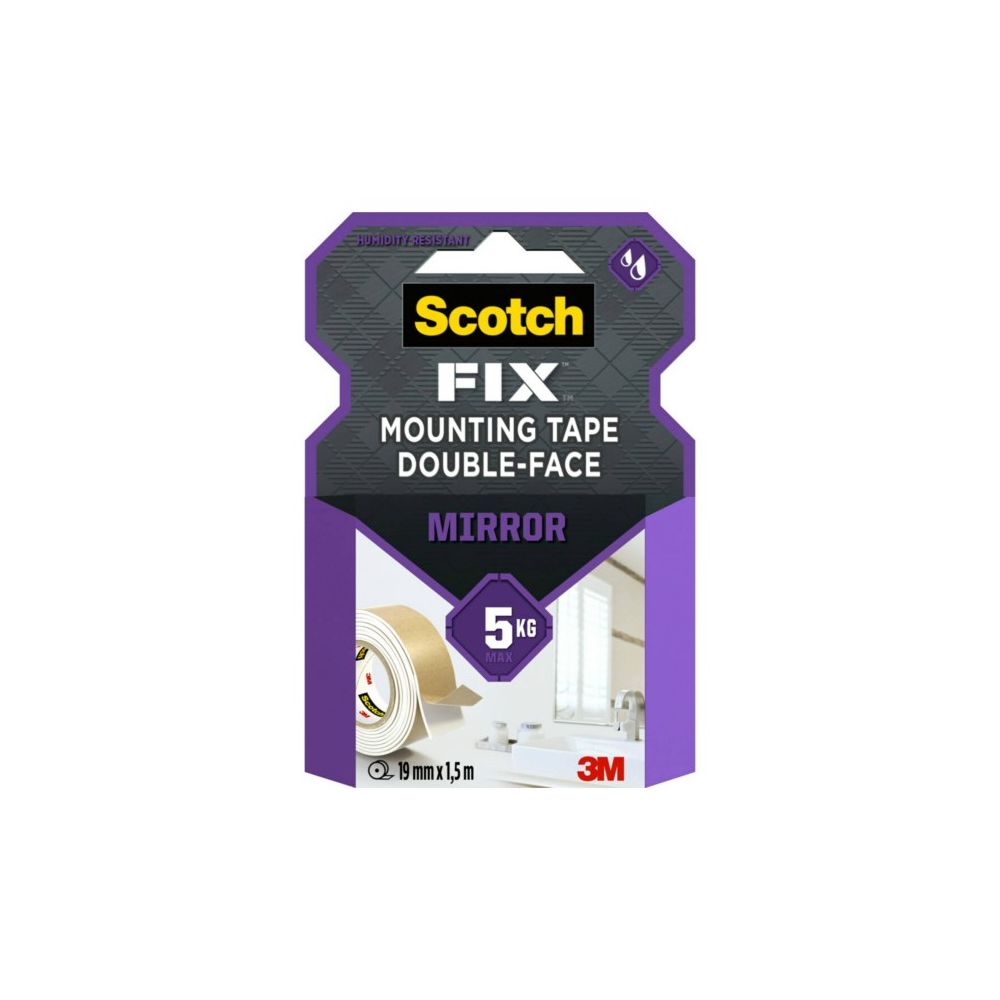 Монтажна лента Scotch-FIX Bath & Mirror 4496W-1915-P, 19 мм x 1.5 м, издържливост 5 кг, 1 кг/200 мм